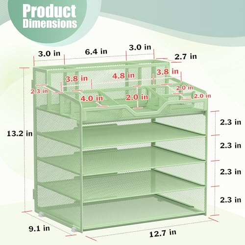 Docnest 5 Tier Mesh Desk Organizer for Paper Office Supplies – Multi-Functional Letter Tray with 5 Adjustable Compartments, 3 Pen Holders, Desktop Storage for Files, Mail, Stationery – Green - color: Green, size: 12.7" x 9.1" x 13.2"