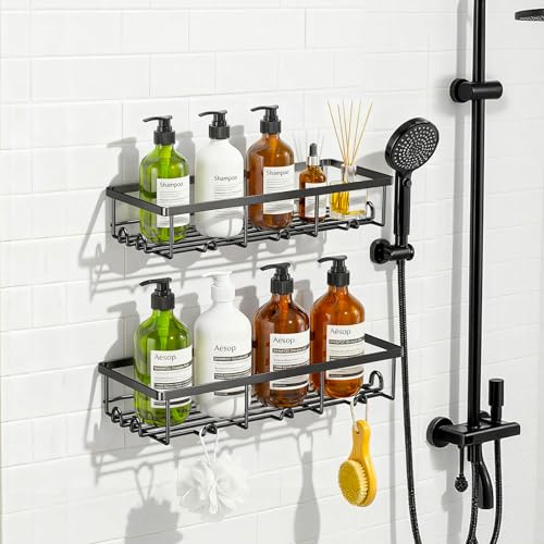 Shower Shelves for Inside Shower, 2 Pack Adhesive Bathroom Caddy Organizer Basket Rack for Storage and Organization, Wall Suction Bath Bathtub Shampoo Holder Set for RV Camper, Black - color: Black, size: Large 2 Pack