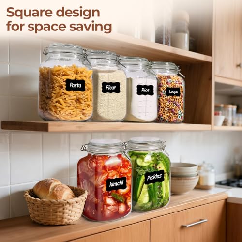 ComSaf 1 Gallon Square Glass Jars with Airtight Lids (135oz, Set of 2), Extra-Wide Mouth Canisters with Measurement Marks for Bulk Flour Storage, Fermenting Kombucha & Pickling - size: 1.1 Gal*2-Wide Mouth