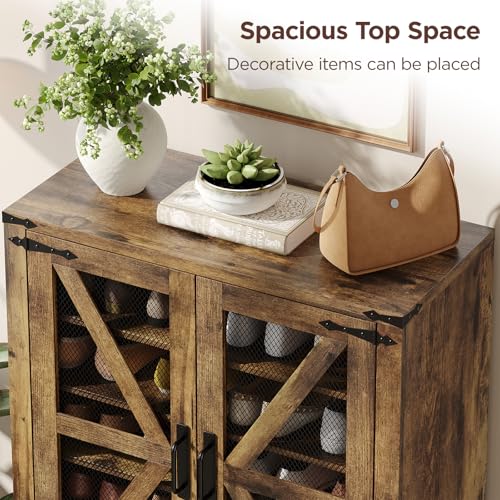 Maupvit 42.1" Farmhouse Shoe Cabinet with Ventilated Mesh Doors, 6-Tier Shoe Storage Cabinet with Adjustable Shelves & Metal Legs, Rustic Wooden Shoe Rack Organizer for Entryway, Hallway, Foyer, Brown - color: Brown