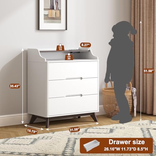 3 Drawer Dressers for Bedroom, 32" Large Wood Dresser w/Charging Station, Open Shelf Top, Pre-Installed Slides, Wide Modern Dressers with 3 Drawer Storage Organizer for Bedroom Living Room, White - color: White, size: 16"D x 32"W x 35"H (3 Drawers)