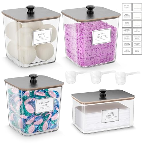 Laundry Pods Storage Container, Clear Laundry Room Organization and Storage,Detergent Powder Container,with Wooden Lids & Labels, 3+1 Pack（Black） - style: 3+1-Black
