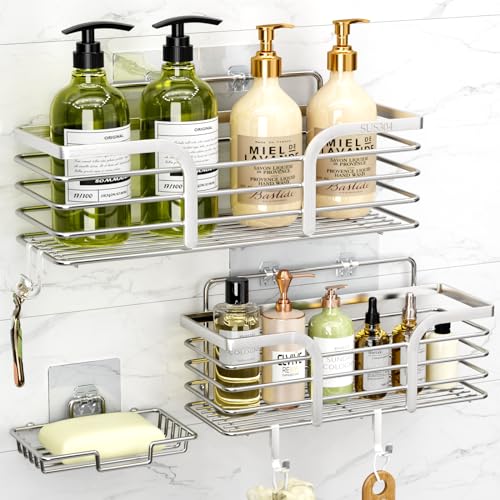 Yougai Shower Caddy, Shower Organizer with Soap Holder and Hooks, Rustproof Shower Shelves, No Drilling Bathroom Organizers and Storage, Wall-Mounted Kitchen & Home Decor (Silver) - color: Silver