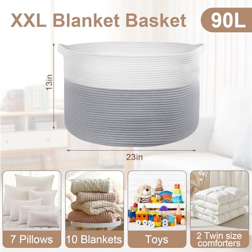 XXL Large Laundry Basket, 90L Soft Cotton Rope Basket, Blanket Storage and Organizers, Baby Nursery Laundry Hamper, Extra Large Toys Storage Bins for Kids 23'' x 13'', White & Gray - color: Gray & White, size: 90L