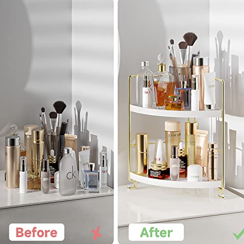 2-Tier Bathroom Corner Counter Organizer, Makeup Storage Shelf Vanity Tray, Bathroom Sink Countertop Organizer, Gold - color: Gold
