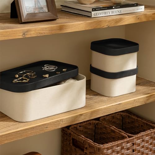 LA JOLIE MUSE Fluted Cardboard Storage Baskets with Leather-Like Lids, Sturdy Stackable Paper Boxes Decorative Tray, Black & Beige, Set of 3 - color: Beige & Black