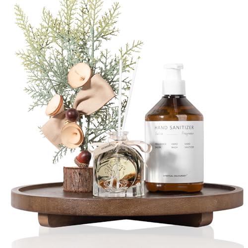 Round Decorative Tray Wood Bathroom Counter Organizer Farmhouse Kitchen Decor Wooden Riser for Soap Dish, Perfume, Candle, Sponge, 12" - Walnut - color: Walnut, size: 12"
