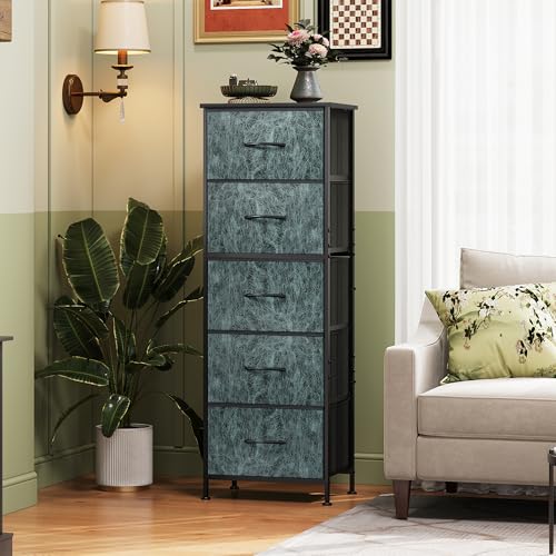 WLIVE Fabric Dresser, 5-Drawer Tall Dressers for Bedroom, Storage Dresser Organizer with Fabric Bins, Wood Top, Sturdy Steel Frame, Chest of Drawers for Closet, Hallway, Vintage Green - color: Turquoise