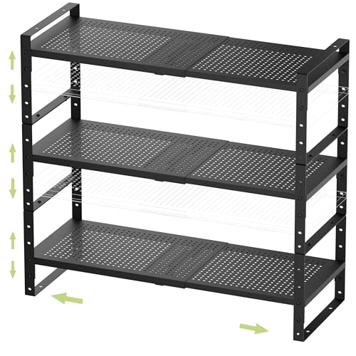 Jojocross Expandable Stackable Aadjustable Shoe Rack Pantry Shelf for Kitchen Cabinets Counter Shelves Countertop Cupboard Storage Solution,Sturdy Heavy-Duty Metal Construction(3Packs/Black/Large) - color: 3Packs/Black, size: LARGE:10.2"D x 16.5"W x 7.8"H