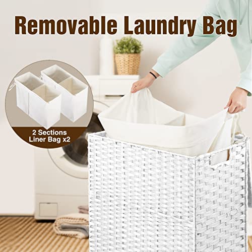 Greenstell Laundry Hamper with 2 Removable Liner Bags，90L Divided Clothes Hamper, Handwoven Synthetic Rattan Foldable Laundry Basket with Lid and Handles White (18.5 x 13.3 x 24.0Inches) - color: White, size: 90L (18.3x13.3x24.0 Inches)