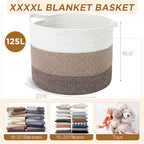 XXXXL 125L Extra Large Blanket Basket, 23.6" x 16.9" Jumbo Woven Cotton Rope Storage Basket with Handles, Laundry Hamper, Toy Storage for Living & Play Room(White, Beige & Natural Linen) - color: White, Beige & Natural Linen