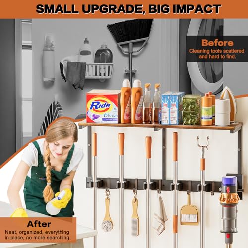 Broom Holder Wall Mount with Cleaning Supplies Organizer, Laundry Room Organization and Storage Shelves with Mop Hanger Rack Gripper Hooks, Utility Shelf Closet Organizer for Home Garage Kitchen - size: Large