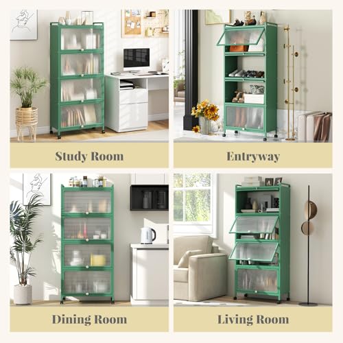 Giantex 5-Tier Kitchen Storage Cabinet, Mobile Microwave Stand with Flip-up PC Doors, Freestanding Kitchen Bakers Rack with 4 Rolling Casters, for Dining Room, Living Room and Study, Green - color: Green