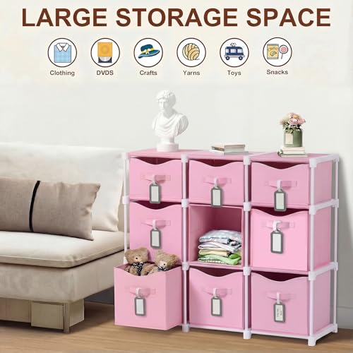 9 Cube Storage Organizer Shelf with Storage Bins and Label, 11 Inch Toy Cube Bins Clothes Closet Organizers Drawers Fabric Dresser for Living Room, Bedroom, Playroom, Dorm(Pink) - color: Pink