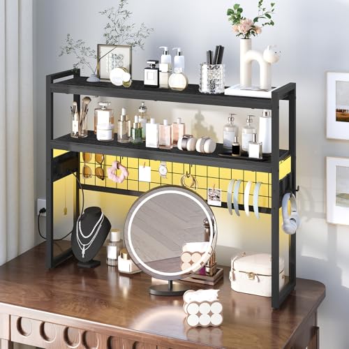 HOOBRO Desktop Bookcase, 37.4" Large Desk Shelf, 2-Tier Desktop Organizer, Wooden Office Storage Rack with Outlets, Display Shelf Rack with Light Strip, Desk Hutch for Office, Black BB13UDSJ01 - color: Black, size: 37.4"D