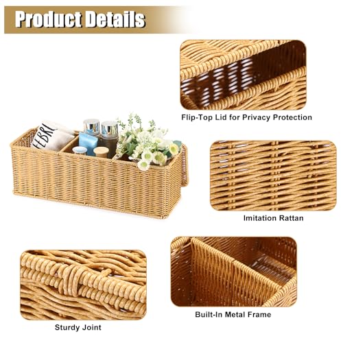 Sumnacon Wicker Storage Basket with Lid, Rectangular Narrow Baskets for Bathroom, Farmhouse Imitation Rattan Bin with Dividers, Decorative Handwoven Tray Organizer for Countertop Shelves Toilet Tank - color: Yellow