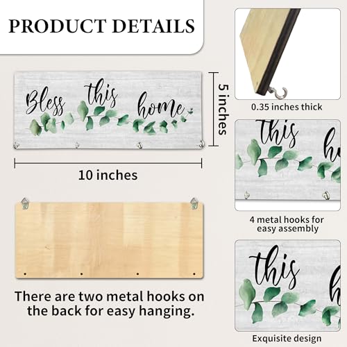 Bless This Home Wooden Key Holder for Wall - 5"x10" Key Organizer Hanger with 4 Hooks for Front Door Hallway Entryway Kitchen - Home Office Decor & Housewarming Gifts Supplies - A01 - color: Bless This Home