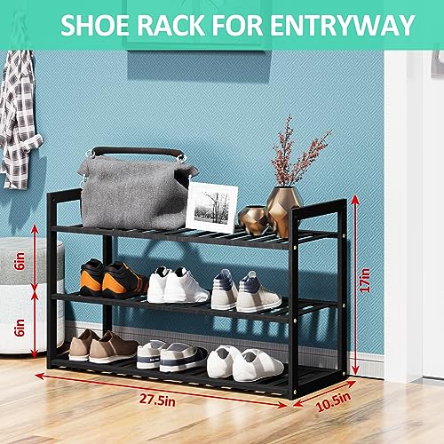 Jripae Bamboo Shoe Rack for Entryway, Stackable 3 Tier Shoe Organizer Shelf Storage 9-12 Pairs Shoes Stand Cubby for Closet Door Hallway Bedroom Garage Black, Thanksgiving - size: 3-tier-short/27.5*10.5*17in