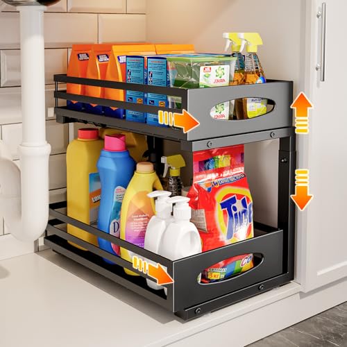 Under Sink Organizer, 2 Tier Under Sink Organizers and Storage, Adjustable Height, Slide out Metal Cabinet Organizers, Pull out Cabinet Storage Drawer Shelf for Kitchen Bathroom (Black, 1 Pack) - color: Black