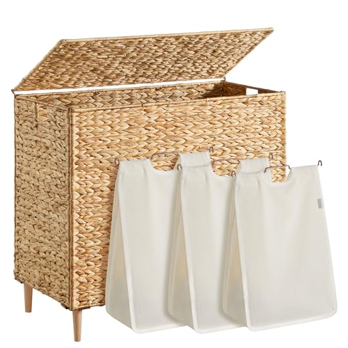 SONGMICS Laundry Hamper 3 Sections, 47.5 Gal. (180 L) Handwoven Water Hyacinth Wicker Laundry Basket with Lid, Natural Material, Removable Machine Washable Liners, Handles, Natural ULCB203Y01 - color: Natural, size: 180 L (Handwoven )