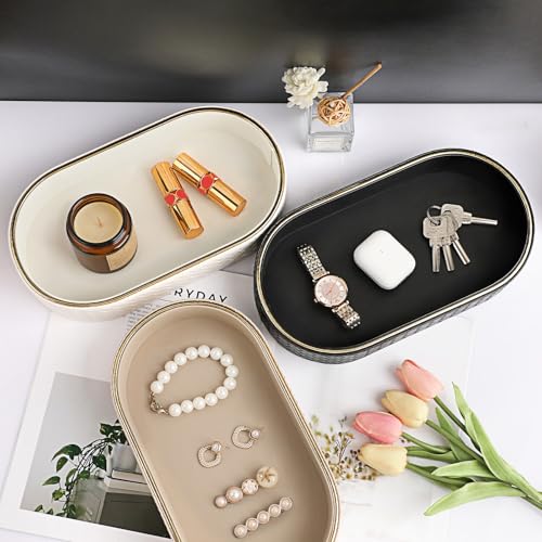 Hipiwe Perfume Trays PU Leather Vanity Tray for Dresser Bathroom Valet Trays Oval Desk Tray Jewelry Dish Holder Decorative Catchall Trays Nightstand Organizer, Beige - color: Beige