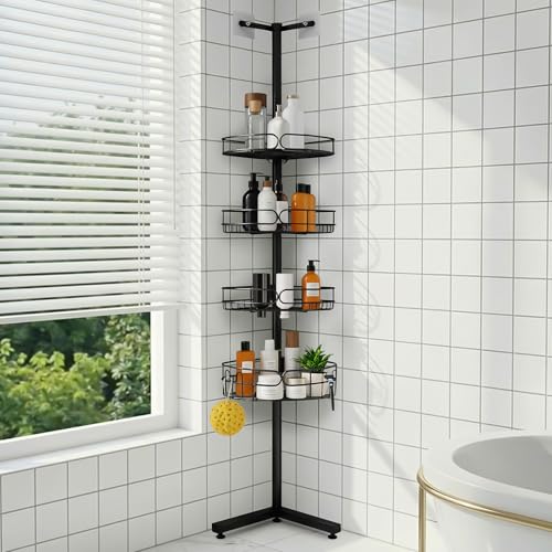 Standing Shower Caddy Corner, 4-Tier Adjustable Height Bathroom Organizer, 6-Section Pole, Sturdy Floor Standing Shelf for Shower or Bathtub – No Drilling, No Spring Tension