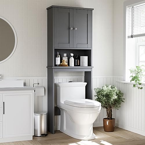 Shintenchi Over the Toilet Storage Cabinet, Bathroom Shelf Organizer with Anti-Tip Device Small Freestanding Space Saver with Adjustable Shelf, Gray - color: Grey, size: Wood Door