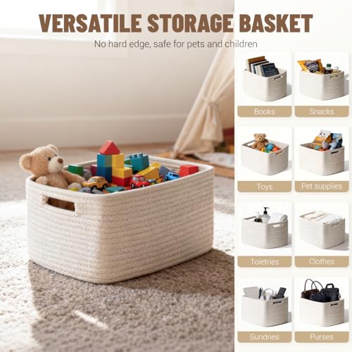 5 Pack White Woven Storage Baskets for Shelves, Decorative Basket Organizer Storage Bins for Toys, Books, Clothes, Closet, Nursery, Bathroom – Cotton Rope Shelf Baskets for Organizing and Decor - color: White