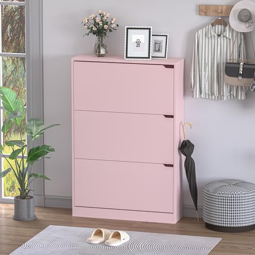 BORNOON Shoe Cabinet with 3 Flip Drawers, Hidden Wood Shoe Cabinet,Freestanding Shoe Storage Cabinet for Entryway Hallway.White. 47.2" H*31.5" W*9.45" D (Pink) - color: Pink, size: 3 Drawers