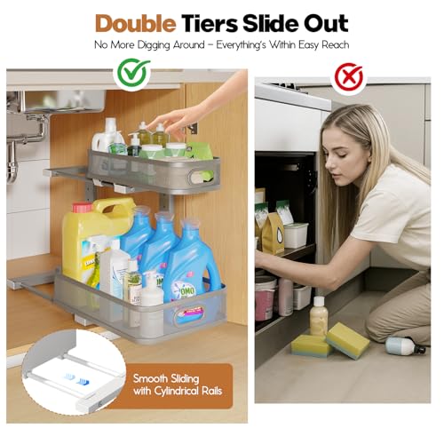 2 Pack 15.7IN-Depth Under Sink Organizer With Smooth Cylindrical Rail,2-Tier Pull Out Multi-Purpose Cabinet Storage for Bathroom&Kitchen,Height Adjustable,Rust-resistant Coating-Gun Gray - color: Gun Gray, size: 2 Pack-15.7"Dx11"-16.14"H