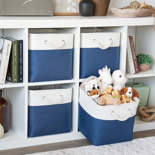 OrganiHaus 12x12 Cube Storage Bins 4 Pack, Foldable Cube Storage Organizer w/ Rope Handles, Collapsible Fabric Bins for Toys, Clothes & Closet Organization, Fabric Square Baskets - Navy Blue - color: Navy Blue Base / Off-White, size: 4 pcs (12x12)