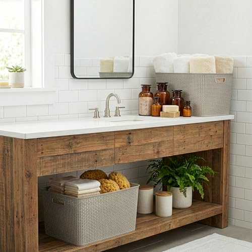 BINO | Plastic Storage Baskets, 45 Liter - 2 Pack, Natural Grey | THE WOVEN COLLECTION | Storage Basket for Shelves | Woven Storage Baskets for Organizing Bins | Pantry Shelf Organizer | Container Bin - color: Natural Grey, size: 45L | 2-Pack