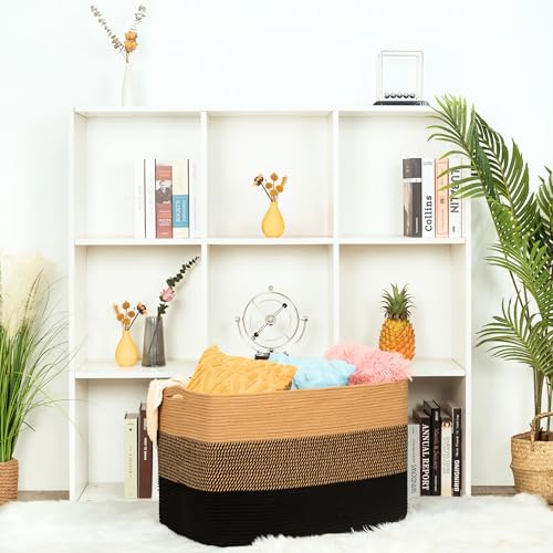 MINTWOOD Design 112L Extra Large Blanket Basket Holder Living Room, 25"x17"x16" Rectangle Rope Woven Storage Basket with Handles for Laundry, Pool Towels, Shoes, Dog Toy Organizer Bin Box, Black Jute - color: Black Jute