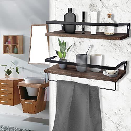 Uten Floating Shelves, Wall Shelves Set of 2, Wall Mounted for Bathroom, Bedroom, Kitchen, Bathroom Shelf with Towel Bar, Sturdy Structure, Easy Installation - color: Dark Brown