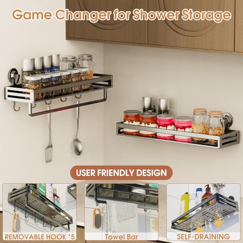 Suction Cup Shower Caddy, 15.7inch Extended Version, with 5 Hooks & Towel Rrack, No Drilling Required, Rust-Resistant Bathroom Shower Organizer (Dark Gray, 2-Pack) - size: 15.7 inches(2-pack US)