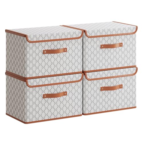 Tuza 4 Pack Fabric Storage Bins with Lids, Collapsible Closet Organizer Container, Decorative Storage Boxes with Lids for Organizing Clothes, Blanket, Grey & White, Medium - color: Grey & White, size: 4 Pack - Medium