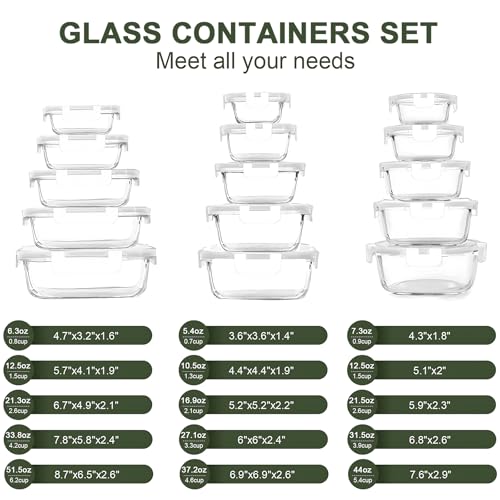 KOMUEE 30 Pieces Glass Food Storage Containers Set, Glass Meal Prep Containers Set with Snap Locking Lids, Airtight Glass lunch Containers, Microwave, Oven, Freezer & Dishwasher,White - color: White
