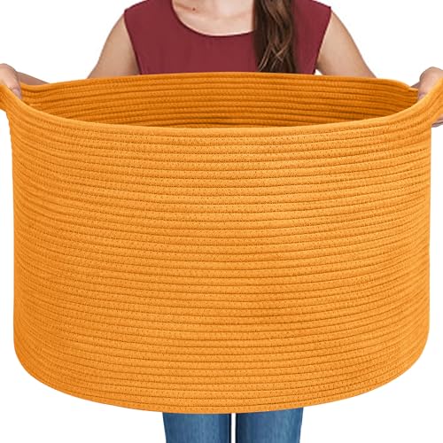 MEGASKET Extra Large Orange Basket, 22" X 22" X 14" Woven Cotton Rope Bins for Blankets, Baby Nursery Wicker Laundry Towel Basket, Kids Dog Toy Storage Box, Big Orange Living Room Decor Organizer - color: Orange, size: 22"x22"x14"