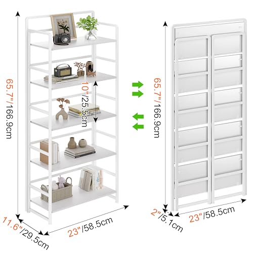 No Assembly Folding Bookshelf, 5 Tiers Collapsible Book Shelf for Home Office, Vintage Wood Foldable Bookcase Storage Organizer for Living Room Bedroom (White) - color: White, size: 5-tier