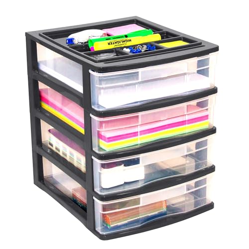 Gracious Living 4-Drawer Desktop and Countertop Storage Organizer Drawer Set, Plastic Office Desk Organizer, Black/Clear