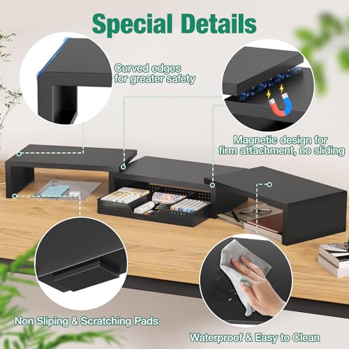 OPNICE Dual Computer Monitor Stand Riser, Desk Organizer with Drawer, Office Desk Accessories & Workspace Organizers for Home Office Supplies, Black - color: Black