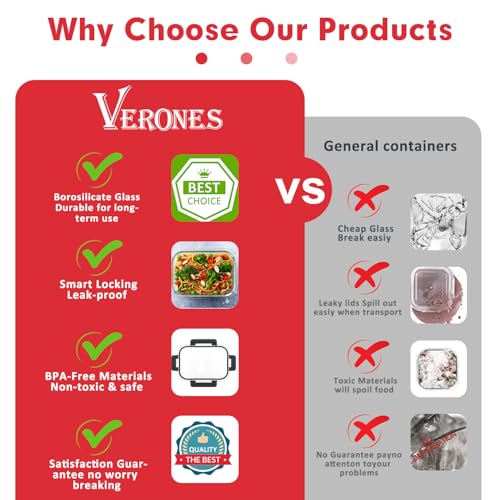 VERONES 30 Pieces Glass Meal Prep Containers Set, Stackable Glass Food Storage Containers with Lids-Airtight Lunch Containers，for Microwave, Oven, Freezer & Dishwasher,Red - color: Red