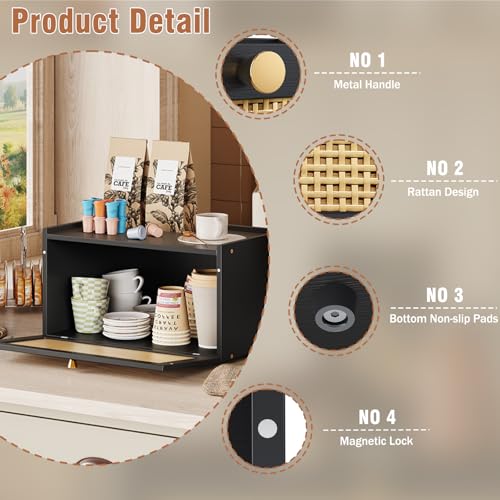 Trironsun Rattan Bamboo Bread Box for Kitchen Counter Large Capacity Bread Storage Bin Farmhouse Bread Storage Container Rustic Bread Holder (Black) - color: Black