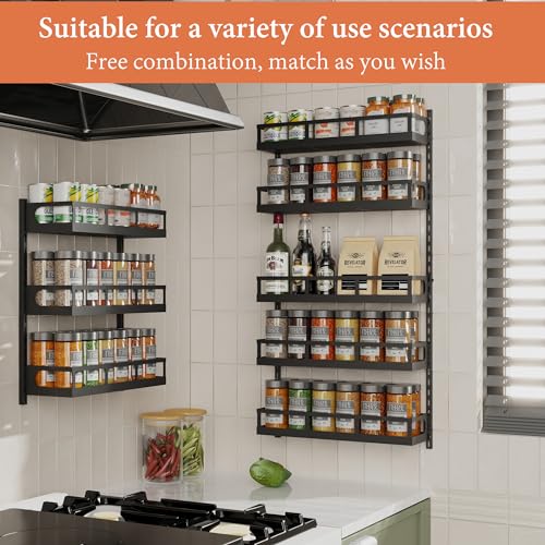 X-cosrack Wall Mount Spice Rack Organizer 5 Tier Height-Adjustable Hanging Spice Shelf Storage for Kitchen Pantry Cabinet, Dual-Use Seasoning Holder Rack with Hooks, Black-Patented - color: Black, size: 5x 4.6"D