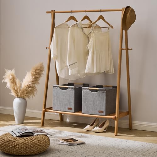 KAKAMAY Collapsible Cube Storage Bins 15x13x13 Inches Grey 2-Pack, Foldable Storage Organizer Wooden Handles Fabric Baskets for Living Room Shelves, Bedroom Nursery Closet Toys, Clothes, Laundry - color: Grey