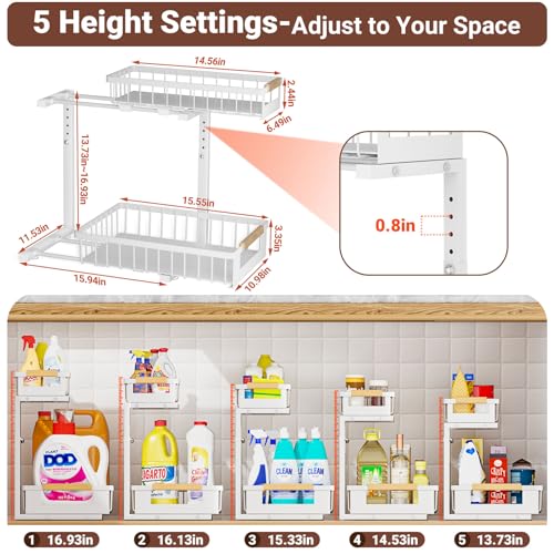 2 Pack Under Sink Organizer, 2 Tier Pull Out Cabinet Organizer with 5-Level Adjustable Height, Sliding Metal Storage Rack for Kitchen Bathroom Pantry, White - color: White-2 Pack