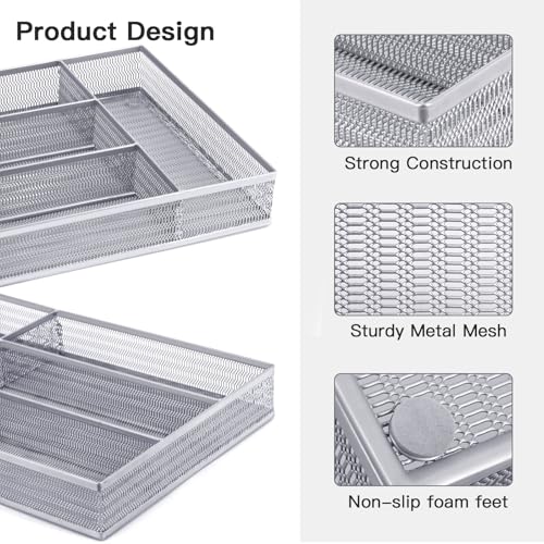 Neudeco Drawer Organizer Set 5 Pack - 4-Compartment Silverware Organizer Tray + 4 Utensil Trays, Kitchen Drawer Organizer for Flatware, Cutlery, Office Supplies, Silver Mesh, Non-Slip,Silver - color: Silver-5 pack