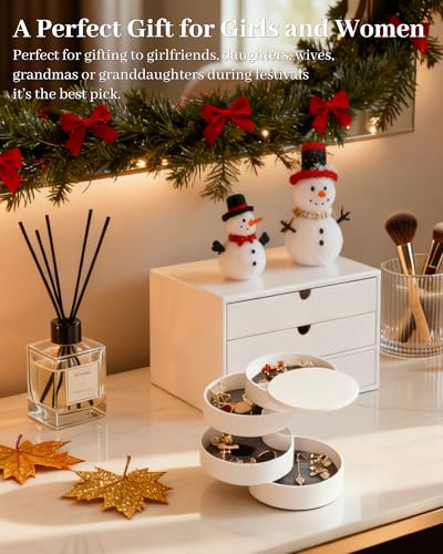 CONBOLA Jewelry Organizer, Small Jewelry Storage Box Earring Holder for Women, 5-Layer Rotating Travel Jewelry Tray Case with Lid for Bracelets Rings Bracelets, Gift for Women Teen Girls(White) - color: White