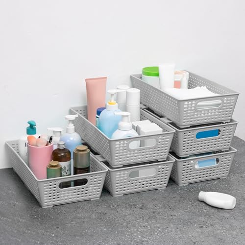 Tiawudi Stackable Woven Plastic Basket, Storage Bins for Cabinet, Closet, Shelf, Under Sink and Countertop, Pantry Organizer Bins, 6 Pack - color: Gray