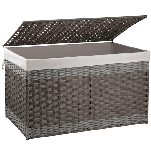 OIAHOMY Storage Basket with Lid, 42.3 Gallon (160L) Blanket Basket with Removable Liner Bag, Synthetic Wicker Hamper with Handle, Foldable, Hamper for Living Room, Grey - color: Gradient Grey, size: 160L